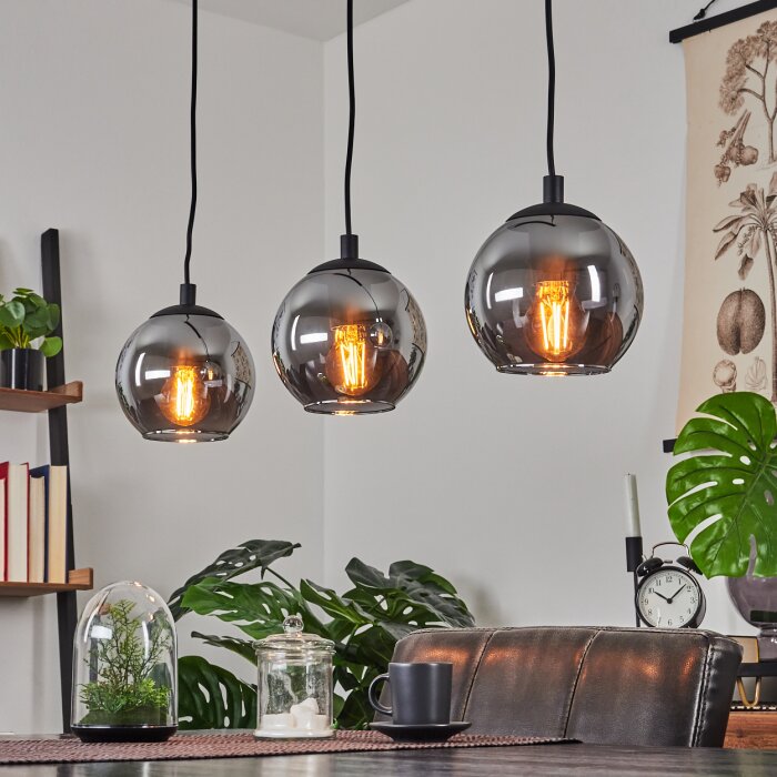 Globe pendant light Sernf with three smoke glass shades, adjustable during installation