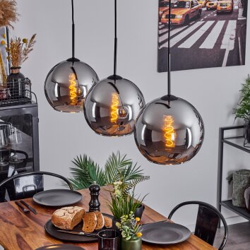 Koyoto  Pendant Light glass 25 cm chrome, Smoke-coloured, 3-light sources
