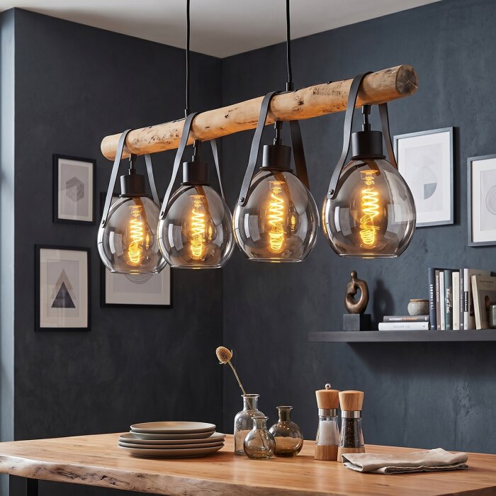 Wooden beam pendant light Hocker, 100 cm long, smoke glass shades, installation-adjustable