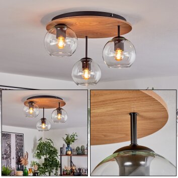 Koyoto ceiling light, globe light 40 cm brown, Wood like finish, black, 3-light sources