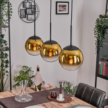Gastor hanging light, globe light gold, clear, 3-light sources