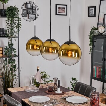 Gastor hanging light, globe light, pendant light gold, clear, 3-light sources