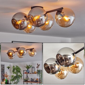 Gastor ceiling light, globe light Amber, chrome, Smoke-coloured, 5-light sources