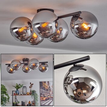 Gastor ceiling light, globe light chrome, Smoke-coloured, 5-light sources