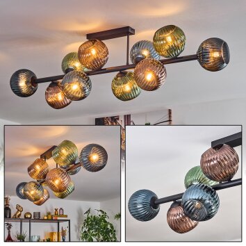 Gastor ceiling light, globe light blue, green, coppery, 10-light sources
