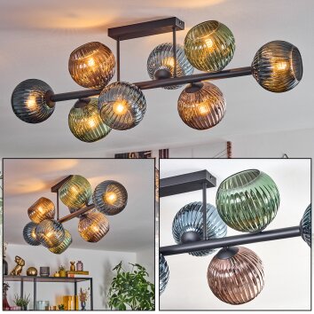 Koyoto ceiling light, globe light blue, green, coppery, 8-light sources