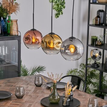 Ripoll hanging light, globe light, pendant light gold, clear, coppery, Smoke-coloured, 3-light sources