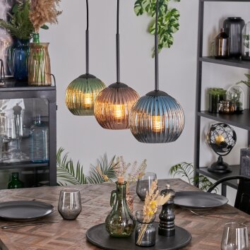 Koyoto hanging light, globe light, pendant light blue, green, coppery, 3-light sources