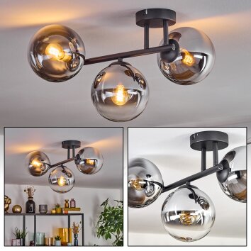 Gastor ceiling light, globe light chrome, clear, Smoke-coloured, 3-light sources