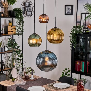 Koyoto hanging light, globe light, Cluster pendant lamp 35 cm blue, gold, green, coppery, 4-light sources