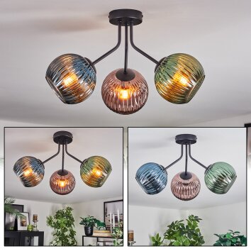 Koyoto ceiling light, globe light blue, green, coppery, 3-light sources