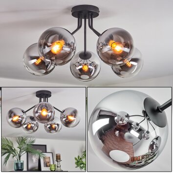 Gastor ceiling light, globe light 52 cm chrome, clear, Smoke-coloured, 5-light sources
