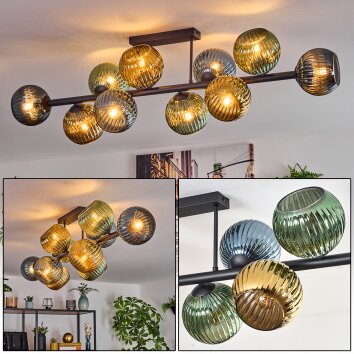 Koyoto ceiling light, globe light blue, gold, green, 10-light sources