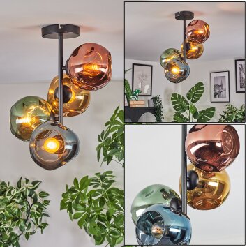 Ripoll ceiling light, globe light blue, gold, green, coppery, 4-light sources