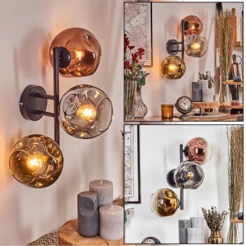 Ripoll globe light, wall light chrome, gold, clear, coppery, Smoke-coloured, 3-light sources