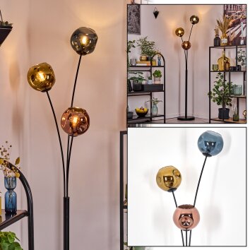Ripoll globe light, floor lamp blue, gold, coppery, 3-light sources