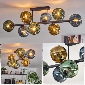 Ripoll ceiling light, globe light blue, gold, green, 8-light sources