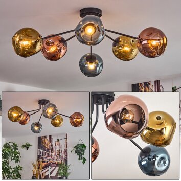 Ripoll ceiling light, globe light blue, gold, coppery, 6-light sources