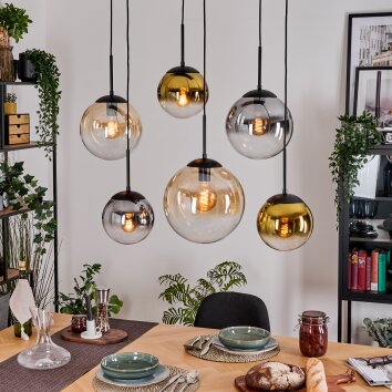 Gastor hanging light, globe light, pendant light Amber, gold, clear, Smoke-coloured, 6-light sources