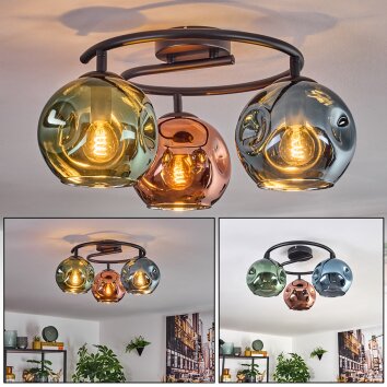 Ripoll ceiling light, globe light blue, green, coppery, 3-light sources