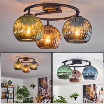 Koyoto ceiling light, globe light 37 cm blue, green, coppery, 3-light sources