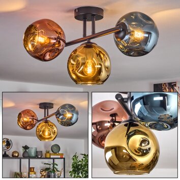 Ripoll ceiling light, globe light blue, gold, coppery, 3-light sources
