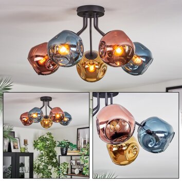 Ripoll ceiling light, globe light blue, gold, coppery, 5-light sources