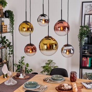 Gastor hanging light, globe light, pendant light chrome, gold, clear, coppery, Smoke-coloured, 6-light sources