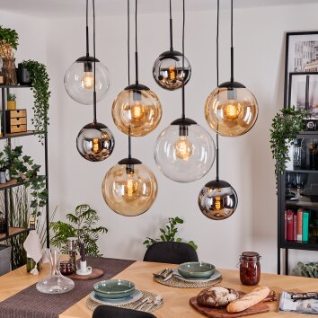 Gastor hanging light, globe light, pendant light Amber, chrome, clear, Smoke-coloured, 8-light sources