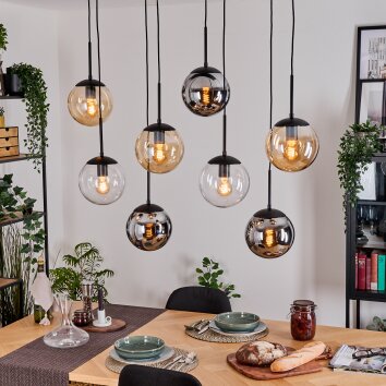 Gastor hanging light, globe light, pendant light Amber, chrome, clear, Smoke-coloured, 8-light sources