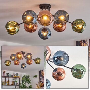 Ripoll ceiling light, globe light blue, green, coppery, 8-light sources