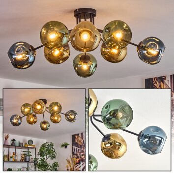 Ripoll ceiling light, globe light blue, gold, green, 8-light sources
