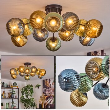 Koyoto ceiling light, globe light 89 cm blue, gold, green, 12-light sources