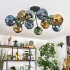 Ripoll ceiling light, globe light blue, gold, green, 12-light sources