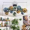 Ripoll ceiling light, globe light blue, gold, green, 12-light sources