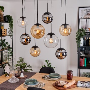 Gastor hanging light, globe light, pendant light Amber, chrome, clear, Smoke-coloured, 8-light sources