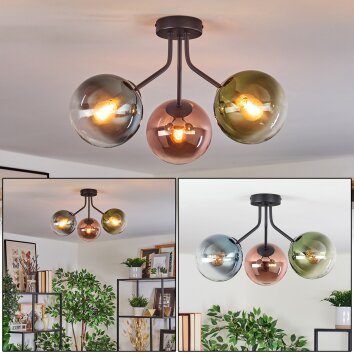 Gastor ceiling light, globe light blue, green, clear, coppery, 3-light sources