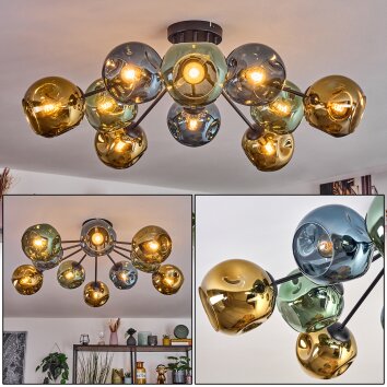 Ripoll ceiling light, globe light blue, gold, green, 10-light sources