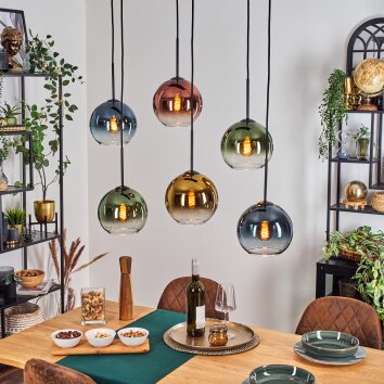 Koyoto hanging light, globe light, pendant light blue, gold, green, clear, coppery, 6-light sources