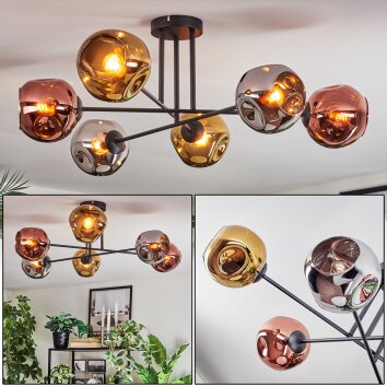 Ripoll ceiling light, globe light chrome, gold, coppery, Smoke-coloured, 6-light sources