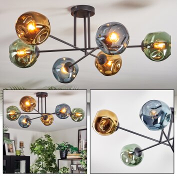 Ripoll ceiling light, globe light blue, gold, green, 6-light sources