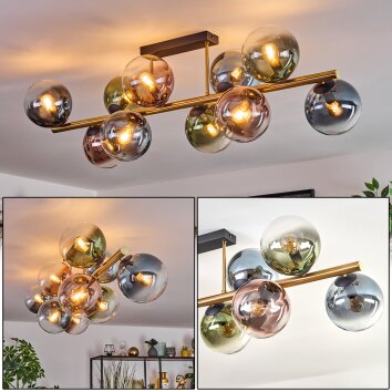Gastor ceiling light, globe light gold, black, 10-light sources