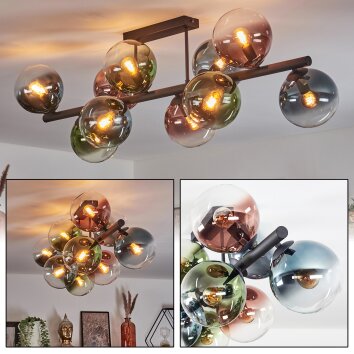 Gastor ceiling light, globe light blue, green, clear, coppery, 10-light sources