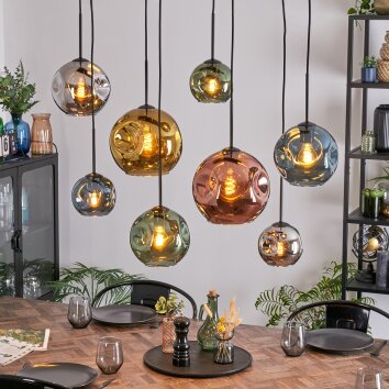 Ripoll hanging light, globe light, pendant light blue, chrome, gold, green, coppery, Smoke-coloured, 8-light sources