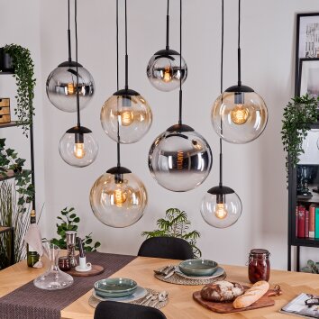 Gastor hanging light, globe light, pendant light Amber, chrome, clear, Smoke-coloured, 8-light sources
