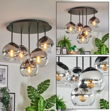 Koyoto ceiling light, globe light 45 cm chrome, clear, Smoke-coloured, 5-light sources