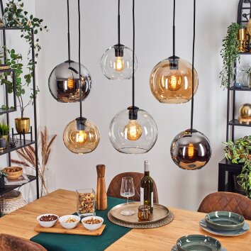 Koyoto hanging light, globe light, pendant light Amber, chrome, clear, Smoke-coloured, 6-light sources