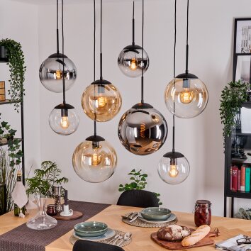 Gastor hanging light, globe light, pendant light Amber, chrome, clear, Smoke-coloured, 8-light sources