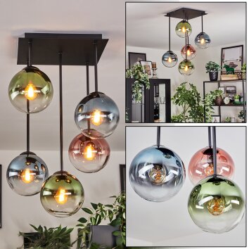 Gastor ceiling light, globe light blue, green, clear, coppery, 5-light sources
