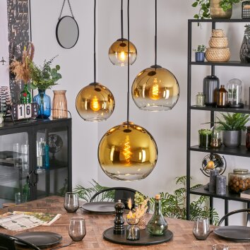 Koyoto hanging light, globe light, pendant light 35 cm gold, clear, 4-light sources
